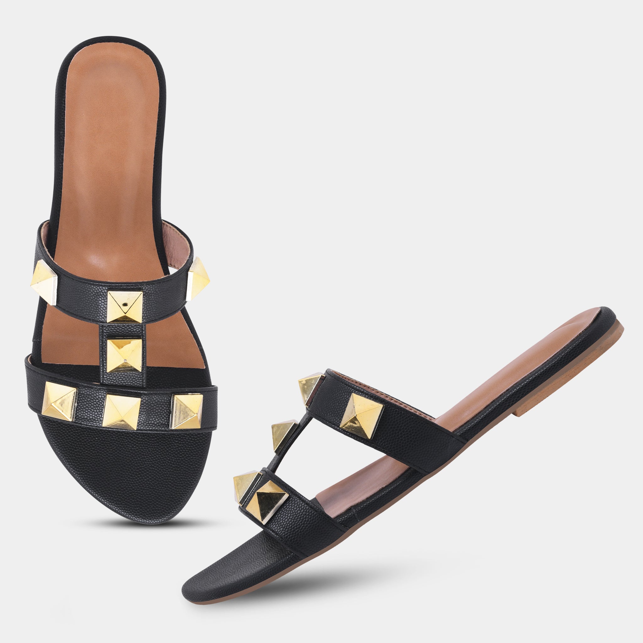 Elegant Open Toe Flats with Metallic Stud Detailing