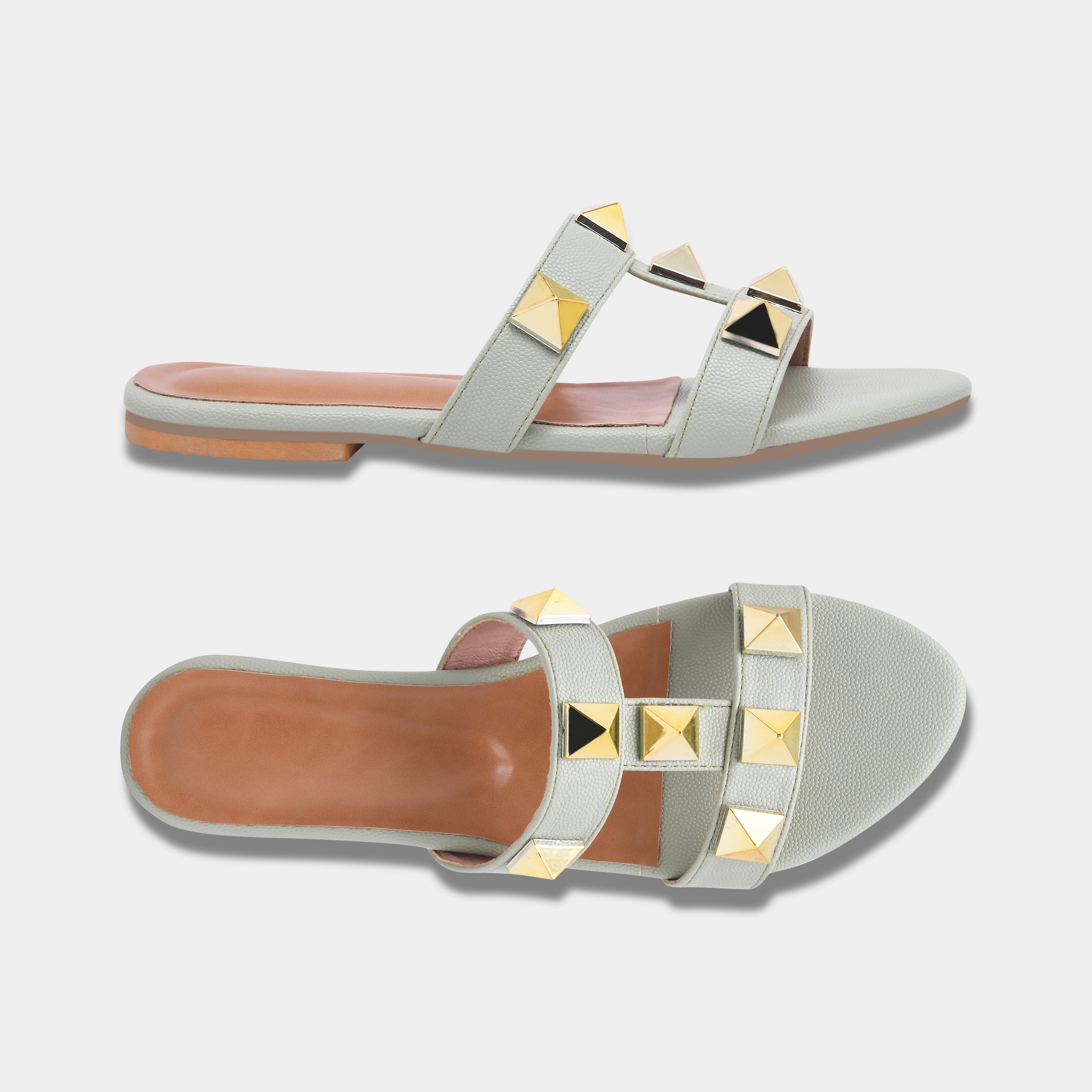 Elegant Open Toe Flats with Metallic Stud Detailing