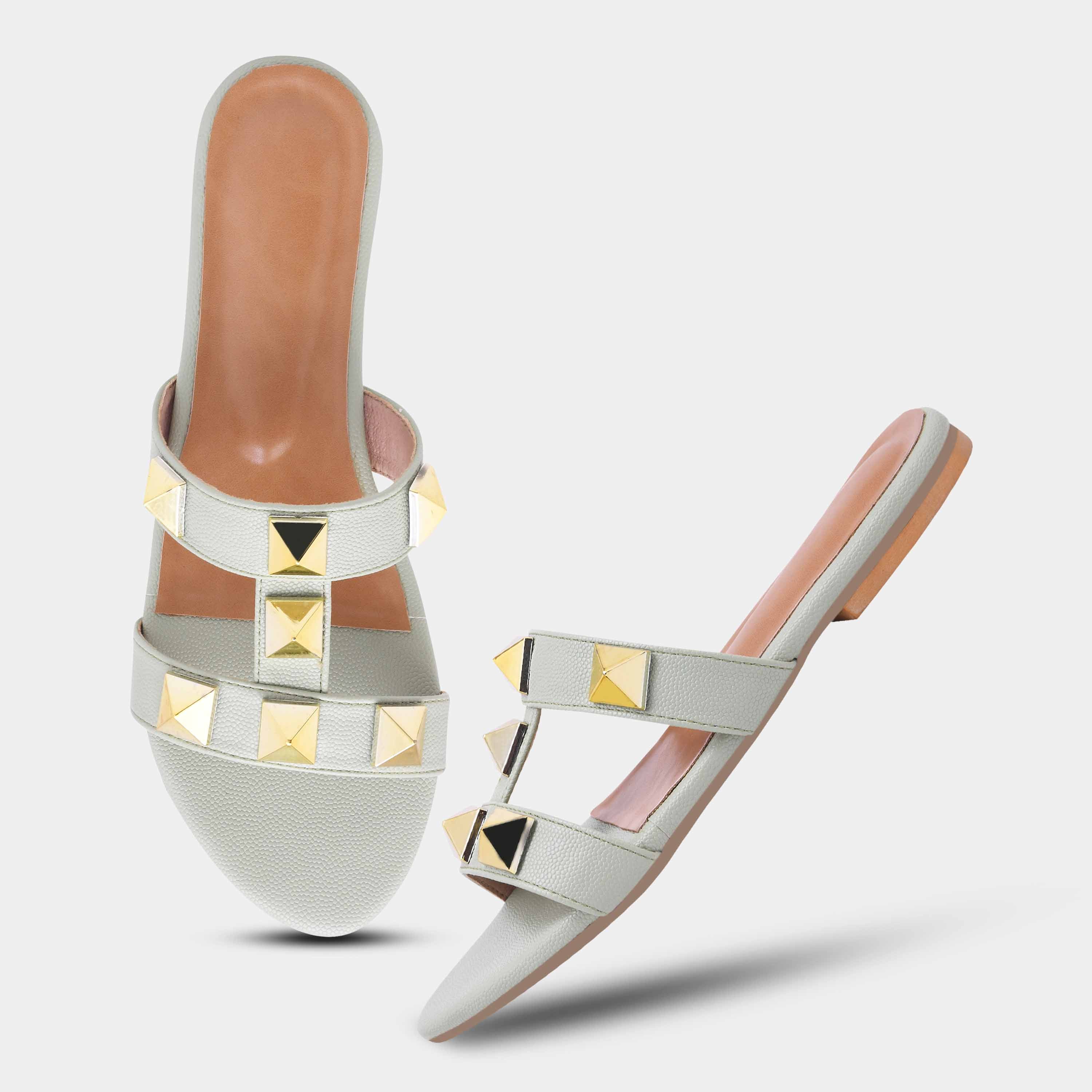 Elegant Open Toe Flats with Metallic Stud Detailing