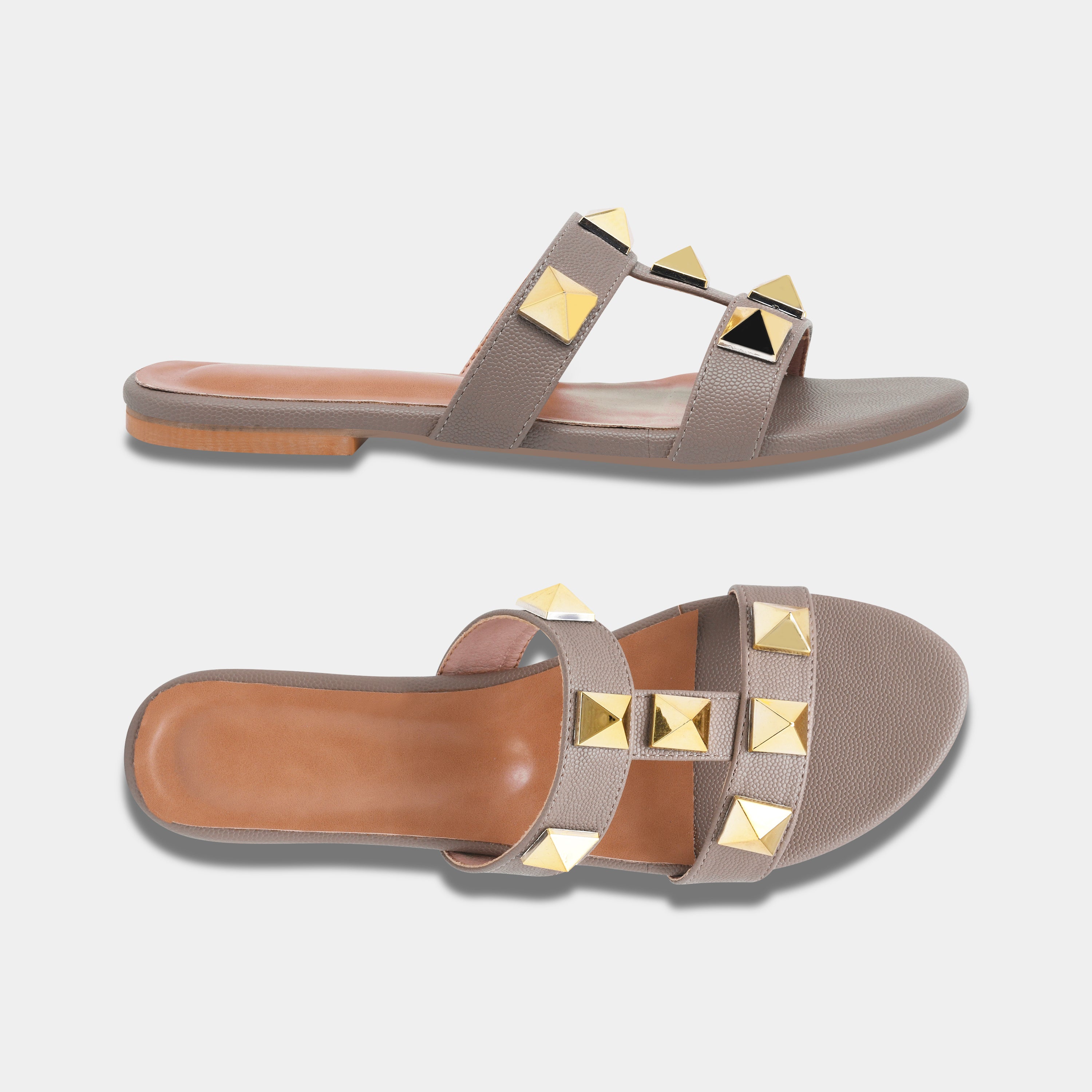 Elegant Open Toe Flats with Metallic Stud Detailing