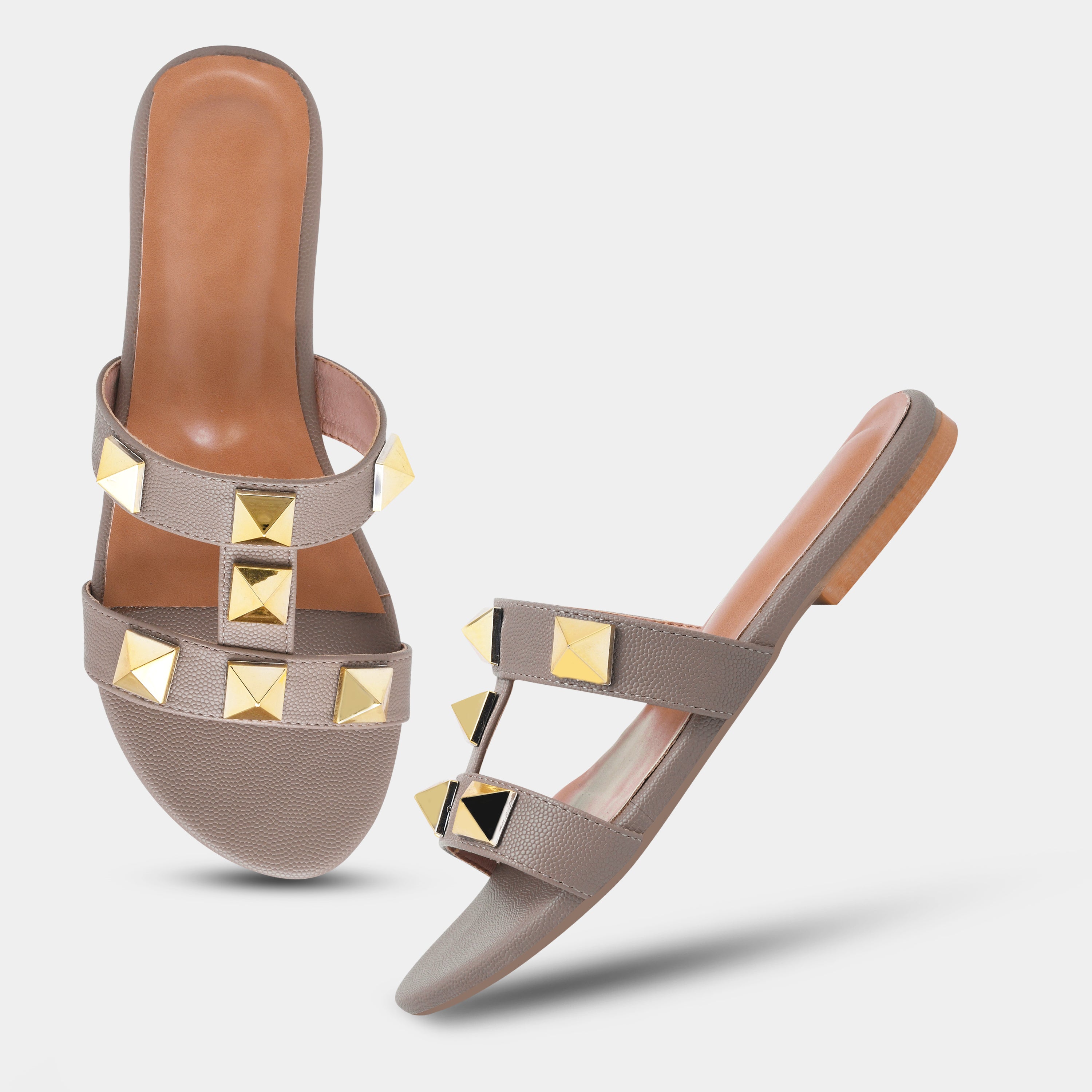 Elegant Open Toe Flats with Metallic Stud Detailing